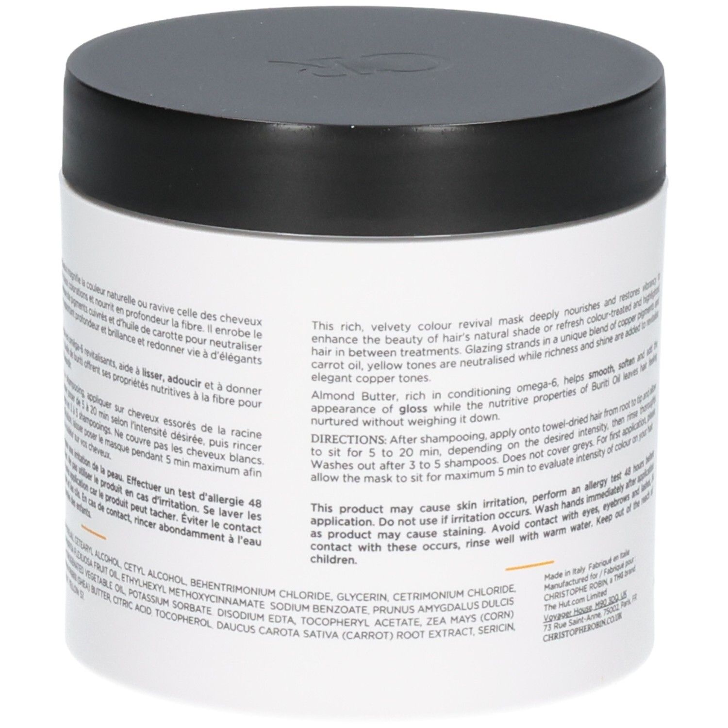 Pot blanc avec couvercle noir pour masque capillaire. Contient des étiquettes en anglais et en français.