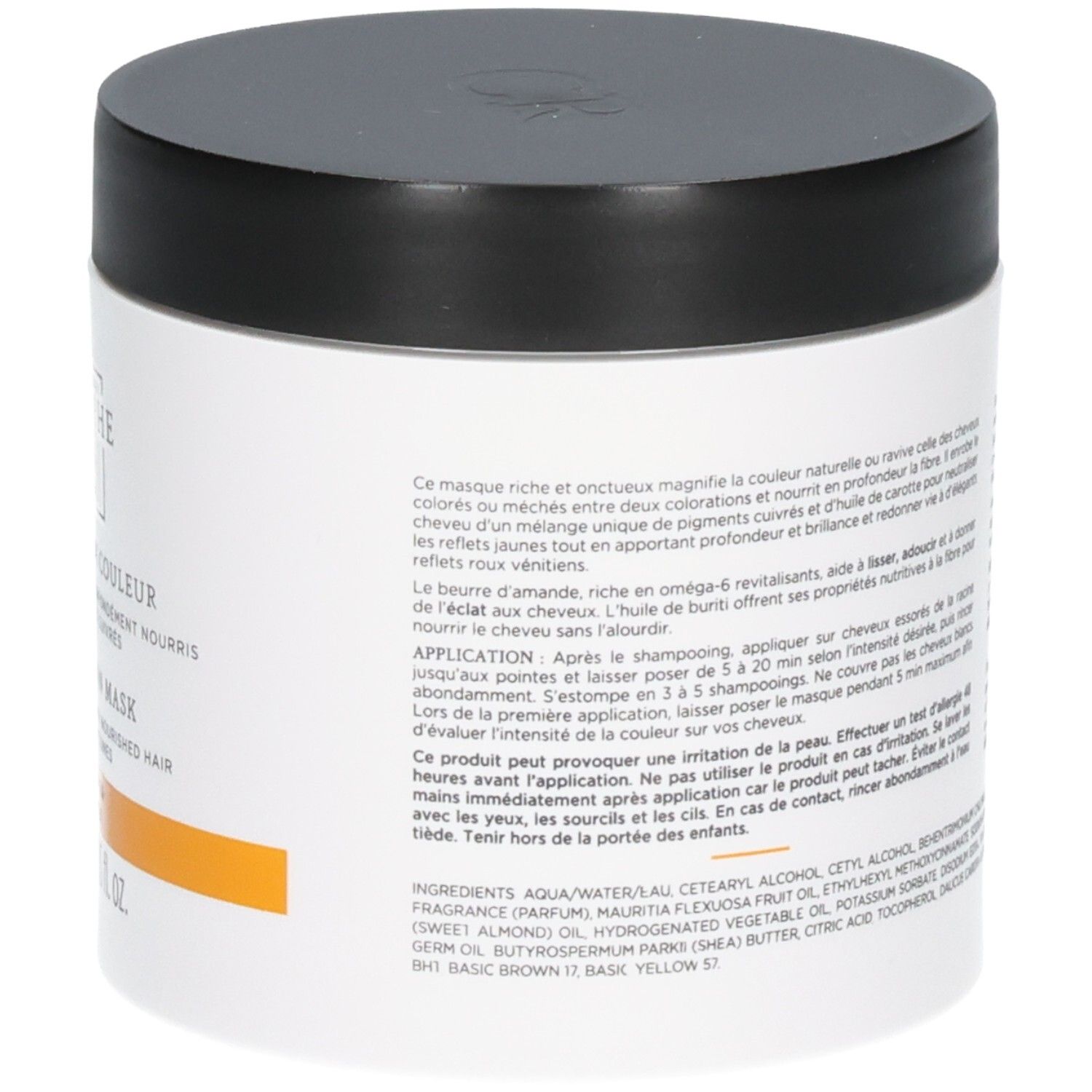 Pot blanc à couvercle noir, masque capillaire avec bande d'étiquette orange.