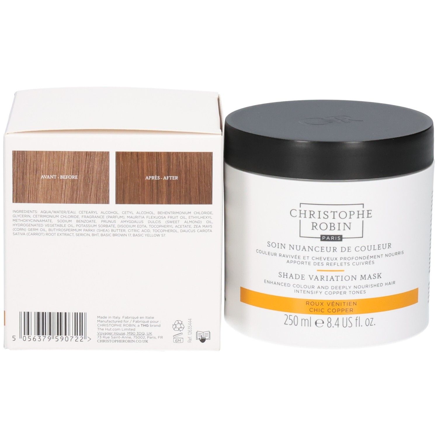 Christophe Robin Shade Variation Mask Chic Copper. Pot de 250 ml avec couvercle noir. Boîte avec images avant/après.