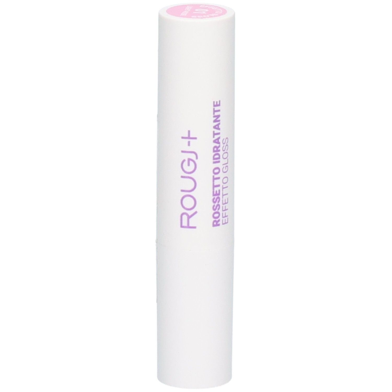 Rouge à lèvres blanc avec inscription violette ROUGJ+ et ROSSETTO IDRATANTE EFFETTO GLOSS.