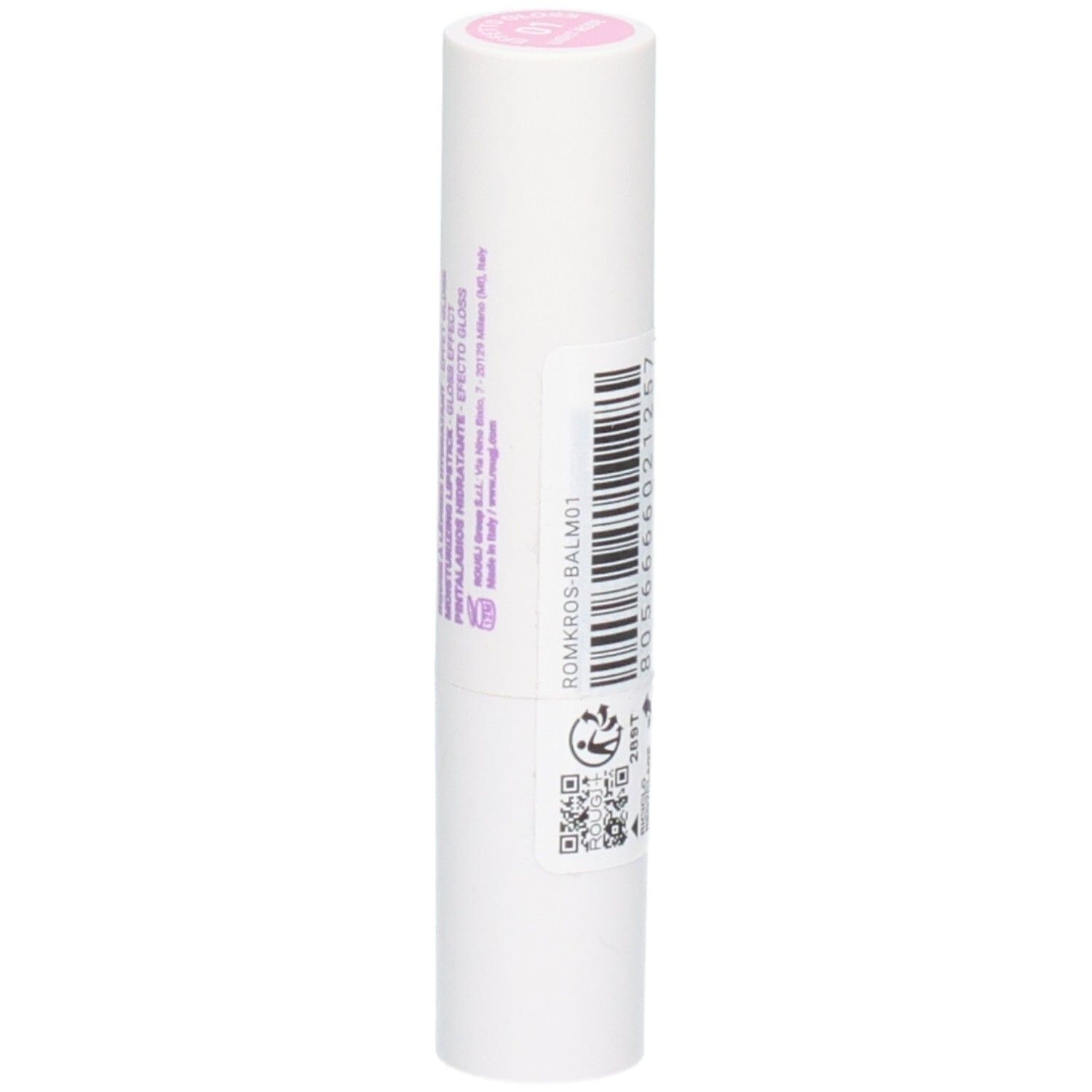 Bâton de baume à lèvres blanc avec capuchon rose et étiquette avec code-barres et informations produit.