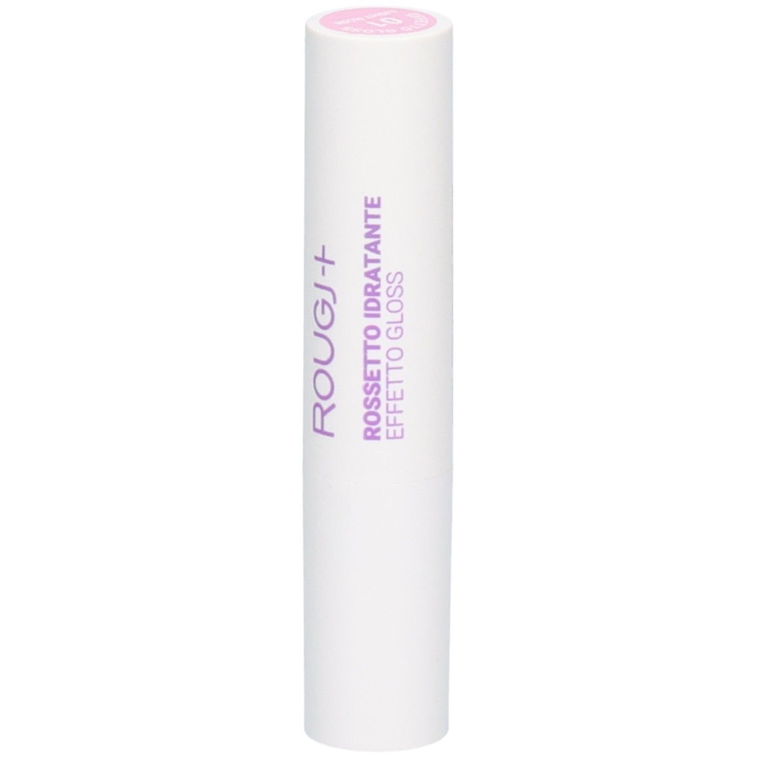 Rouge à lèvres blanc avec capuchon rose. Texte : ROUGJ+, ROSSETTO IDRATANTE EFFETTO GLOSS.