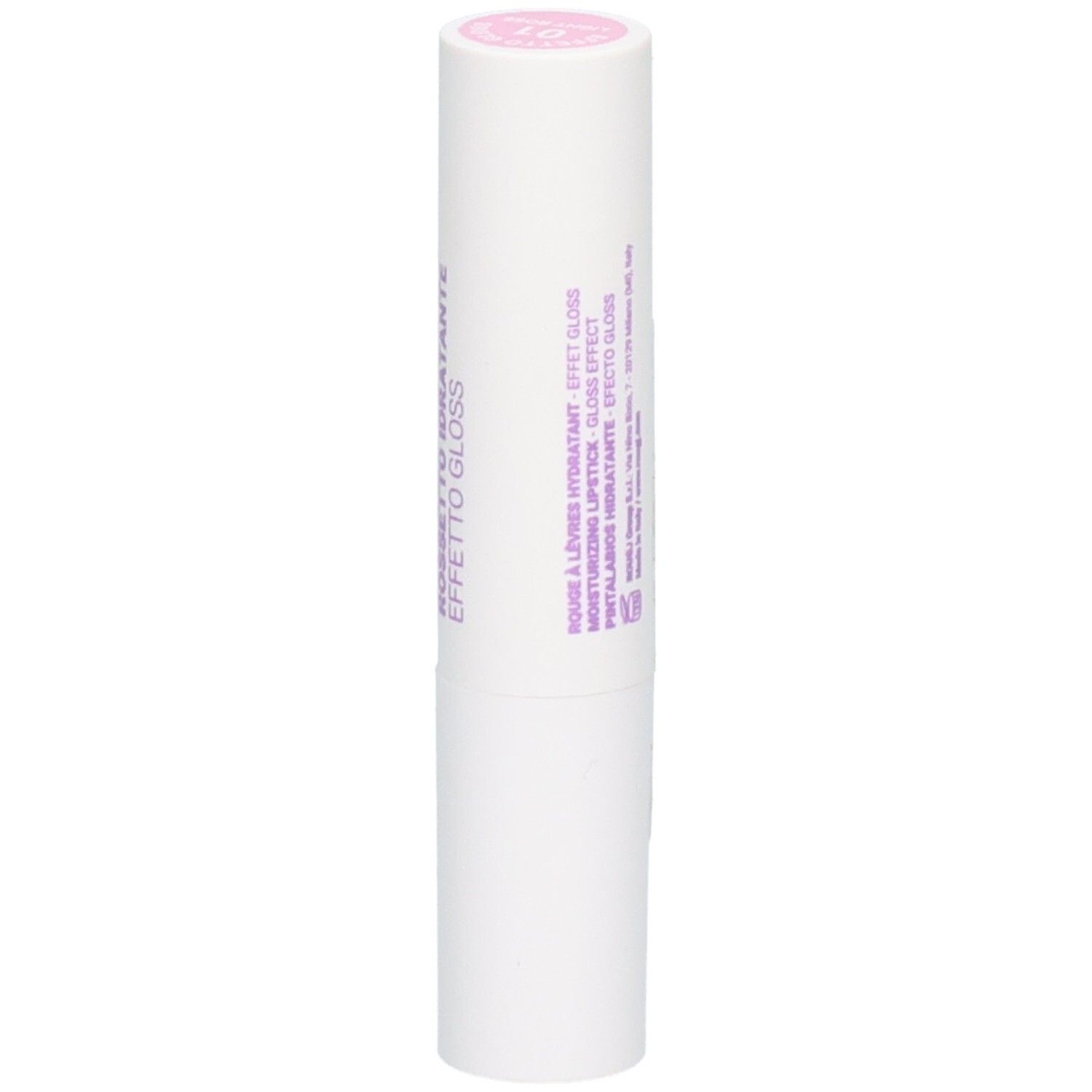 Rouge à lèvres blanc avec capuchon rose, étiqueté 'Effetto Gloss'.