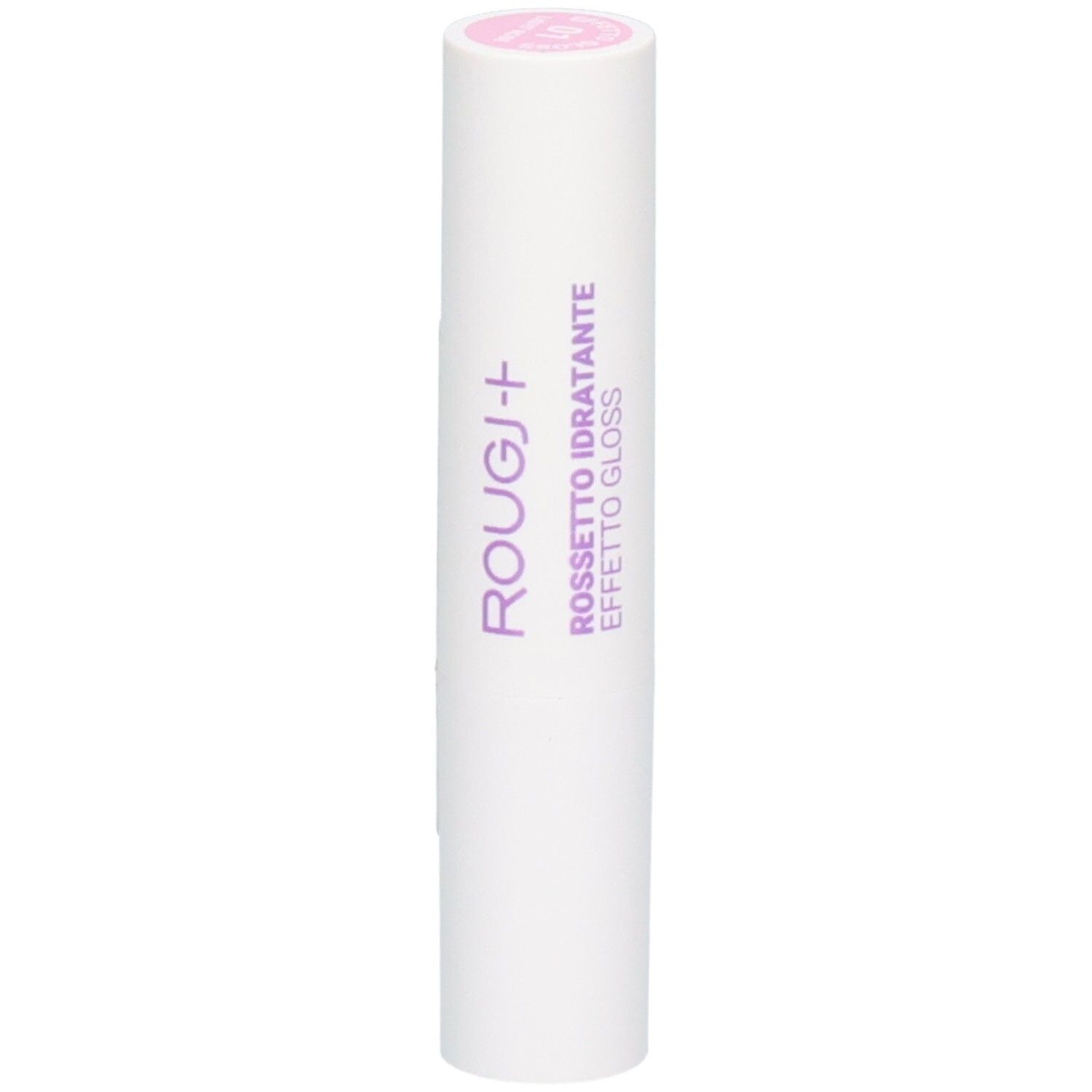 Rouge à lèvres blanc avec inscription rose : ROUGJ+, ROSSETTO IDRATANTE EFFETTO GLOSS.