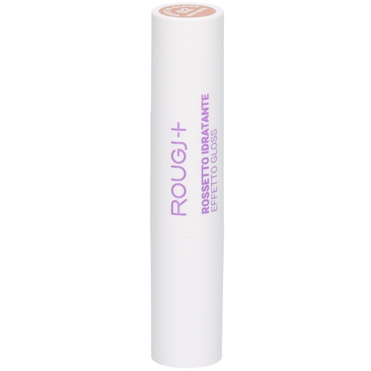 Rouge à lèvres blanc avec inscription ROUGJ+ violette et nom italien.