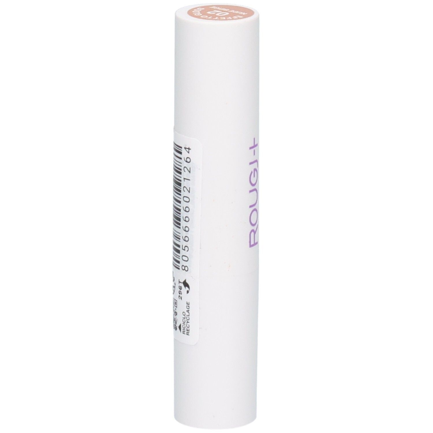 Rouge à lèvres blanc avec inscription violette ROUGJ+. La couleur est brun clair sur le dessus.