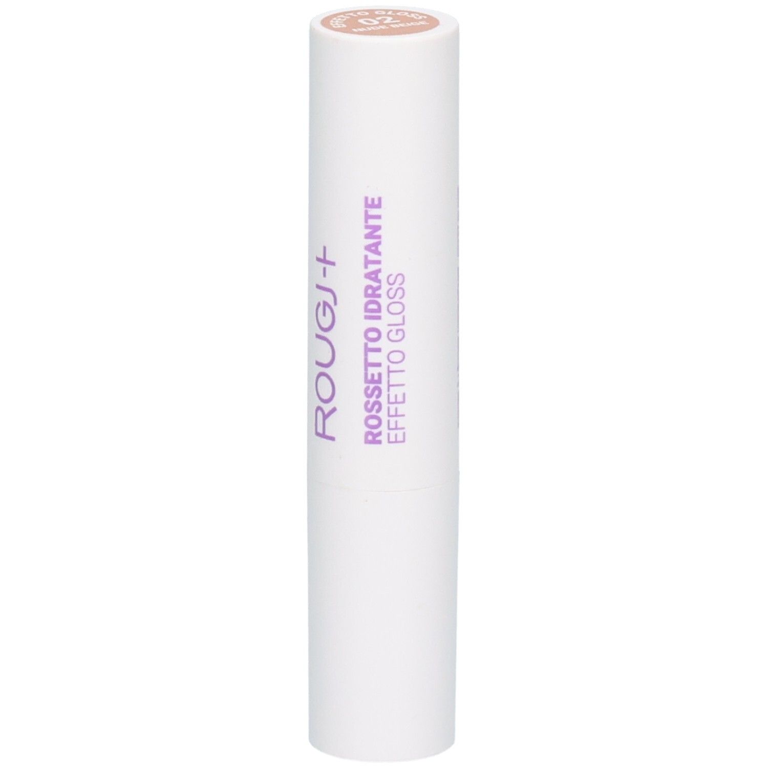 Rouge à lèvres blanc avec inscription dorée 'ROUGJ+ ROSSETTO IDRATANTE EFFETTO GLOSS'. Numéro 02 sur le capuchon.