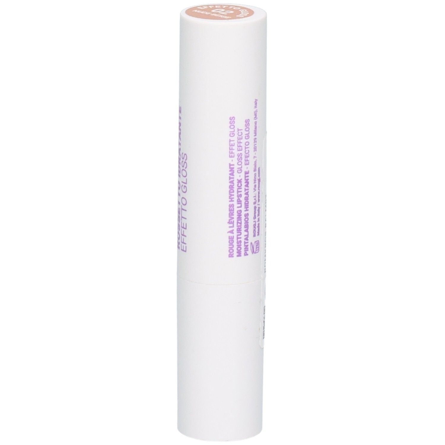 Tube de rouge à lèvres blanc avec applicateur rose-brun. Texte : 'EFFETTO GLOSS'.