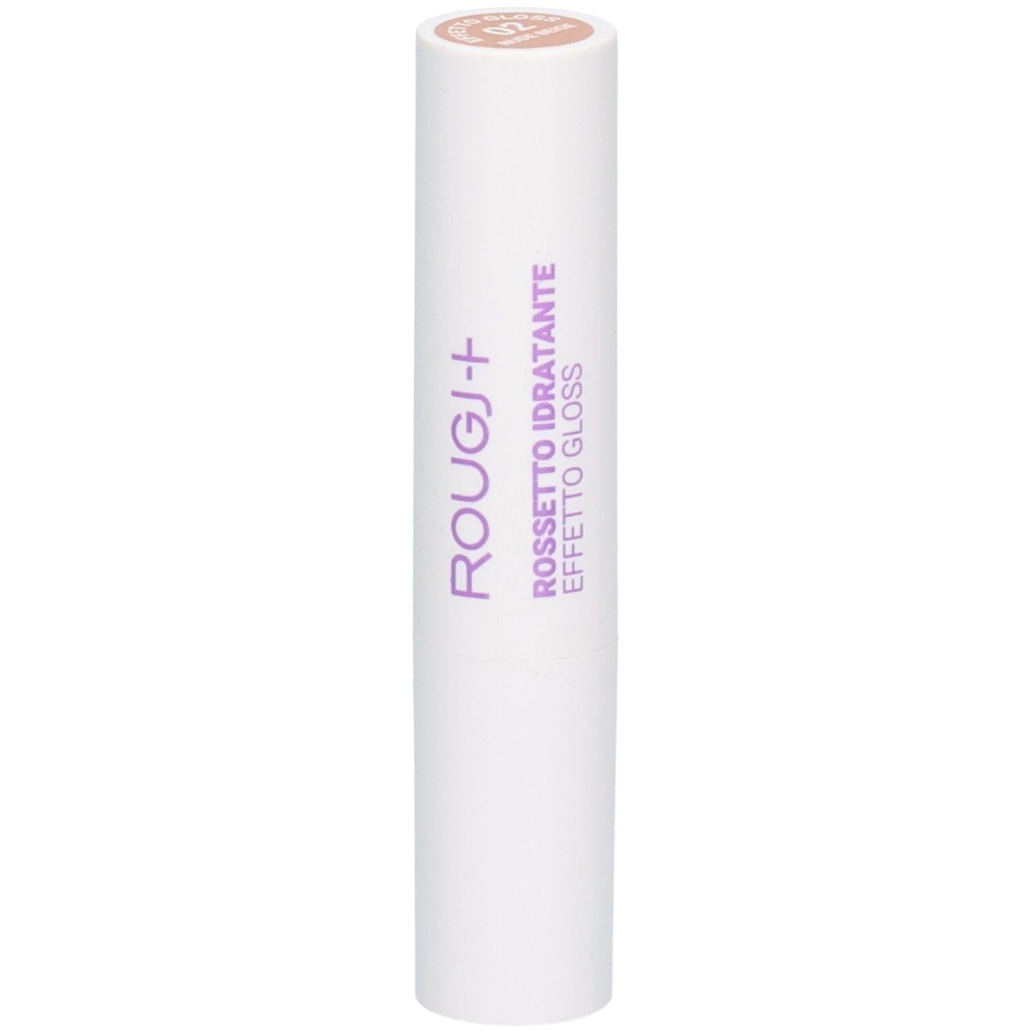 Rouge à lèvres blanc avec inscription violette 'ROUGJ+', 'ROSSETTO IDRATANTE EFFETTO GLOSS'.