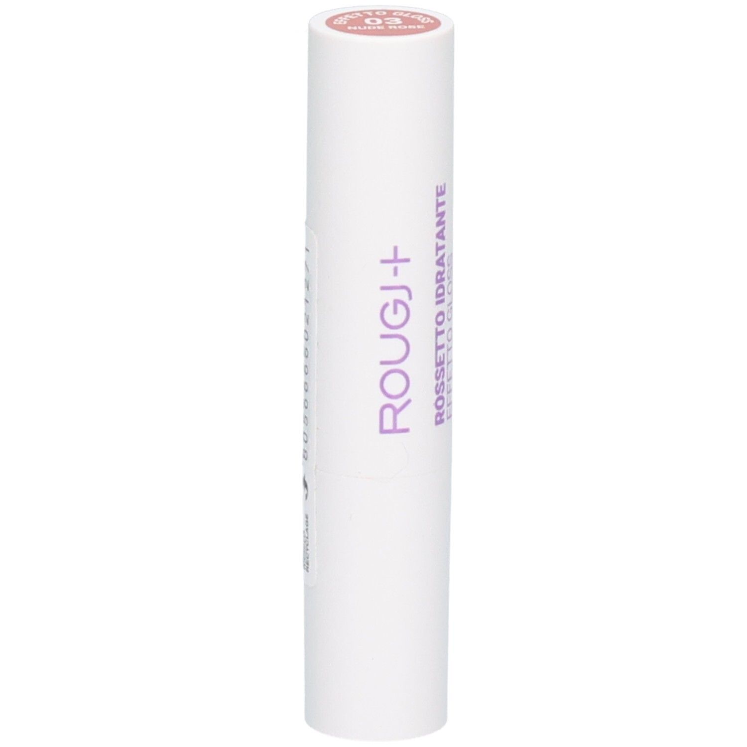 Witte lippenstiftverpakking met paarse ROUGJ+ tekst en Italiaanse aanduiding ROSSETTO IDRATANTE. Kleur 03.