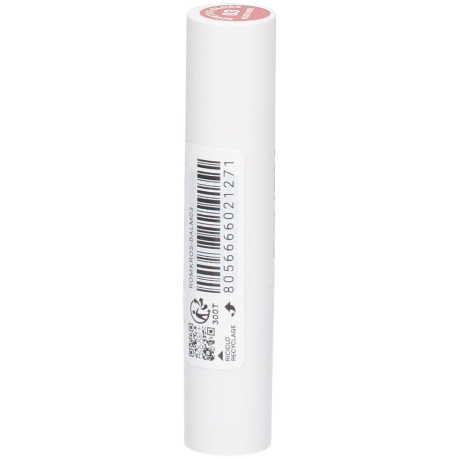 Witte lippenstift met rode dop en nummer 18. Barcode en recycling-symbool op de huls.