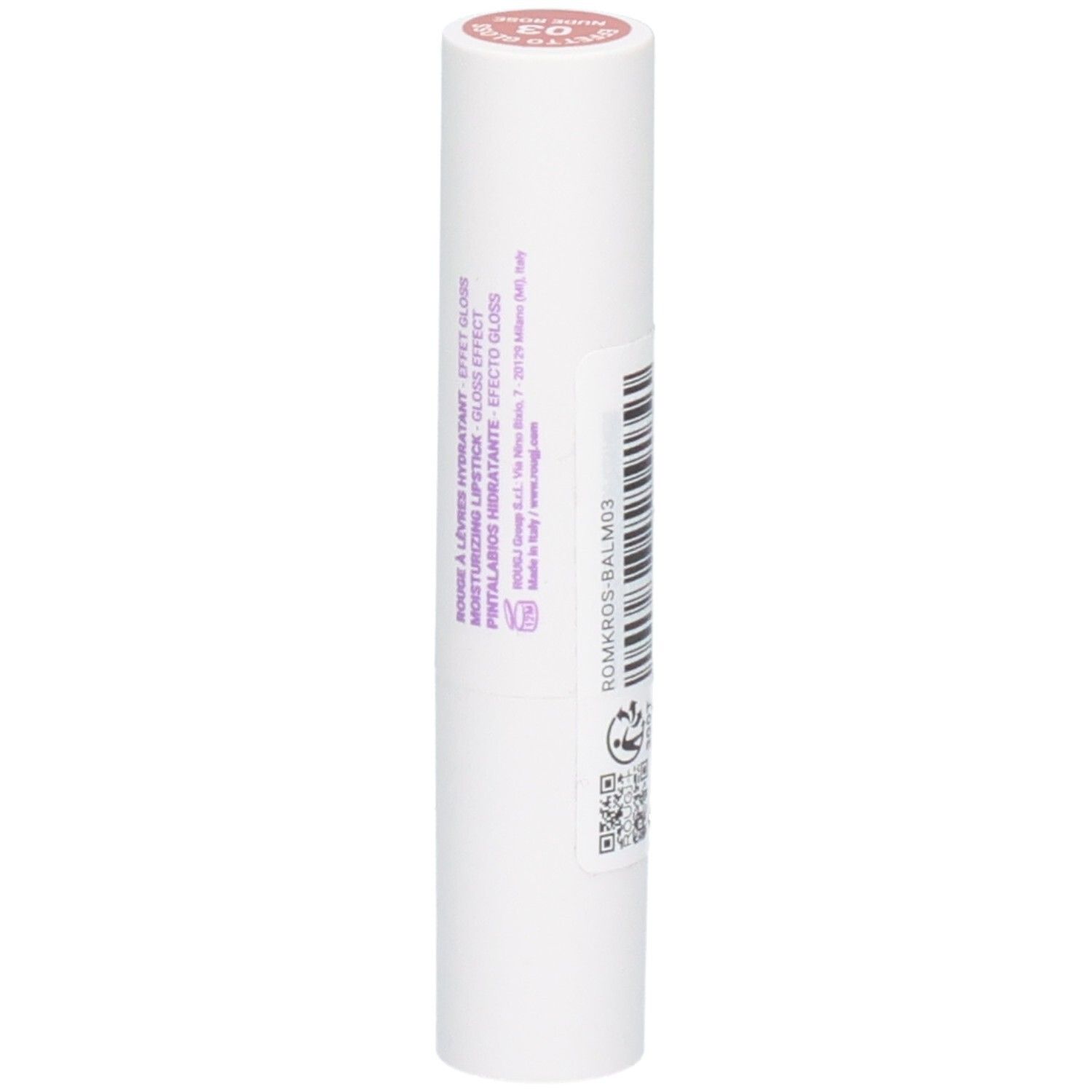 Witte lippenbalsemstift met roze dop en opdruk '03'.