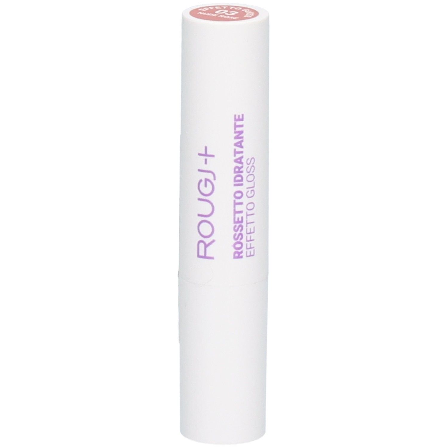 Witte lippenstift met paarse ROUGJ+ tekst en Italiaanse benaming.