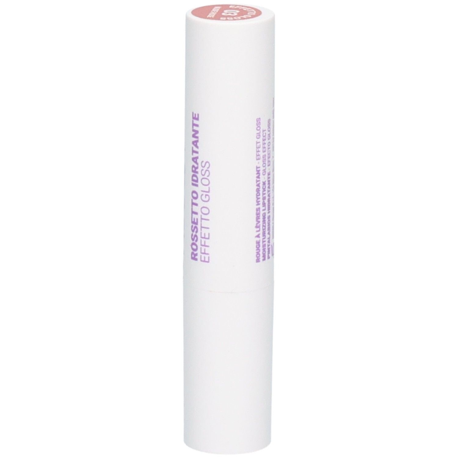 Witte lippenstift met roze dop, gelabeld met 'ROSSETTO IDRATANTE EFFETTO GLOSS'.