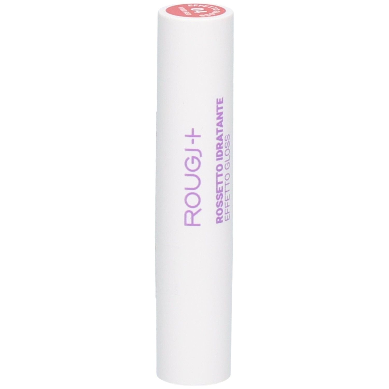 Witte lippenstift met roze punt. Tekst: ROUGJ+, ROSSETTO IDRATANTE EFFETTO GLOSS.