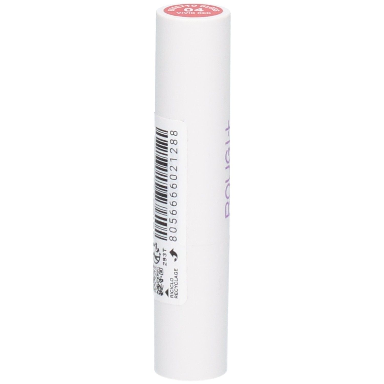 Witte lippenstift met rode dop. Kleur 04, Vivid Red. Barcode en recycling symbool zichtbaar.