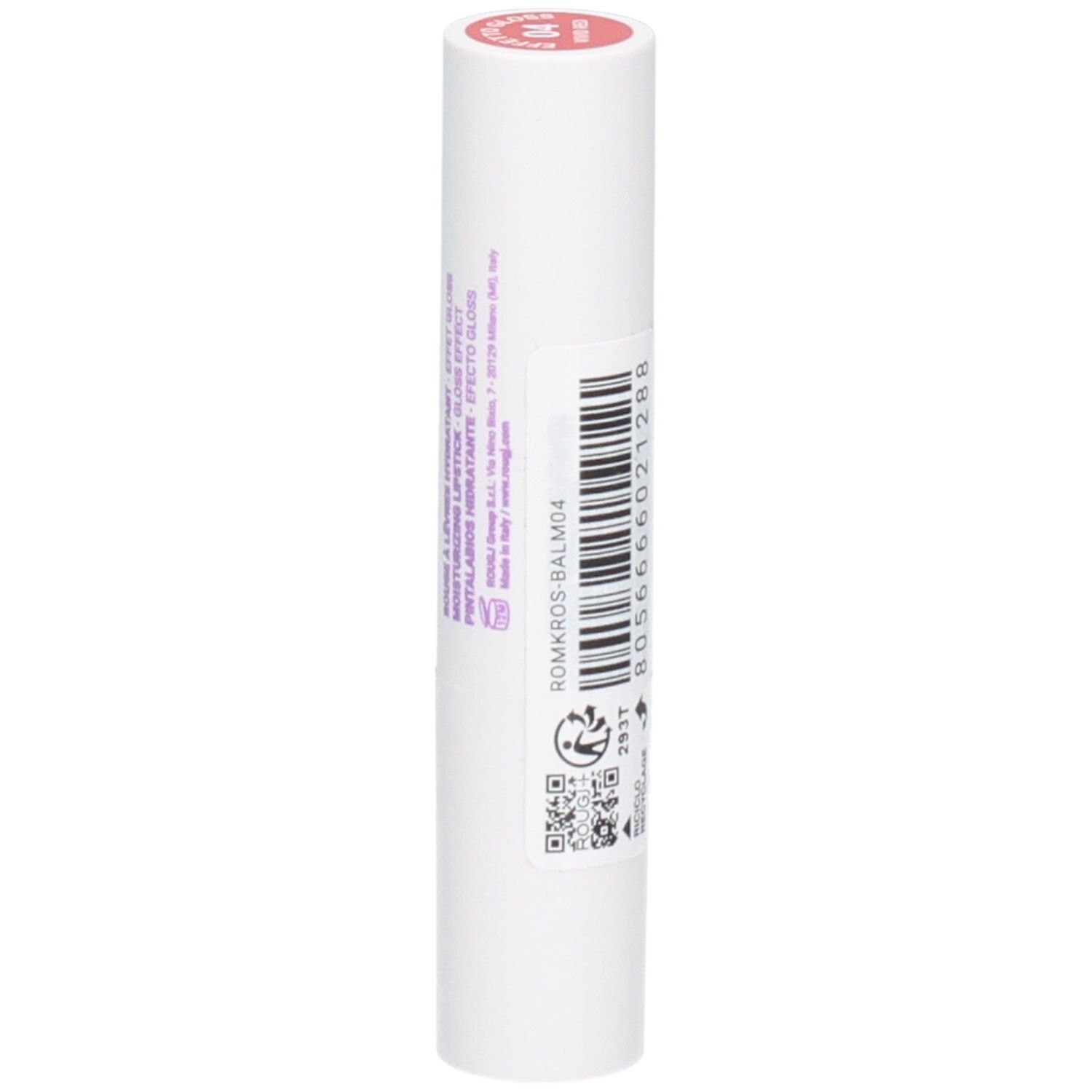 Witte lippenbalsemstift met roze dop en opdruk.