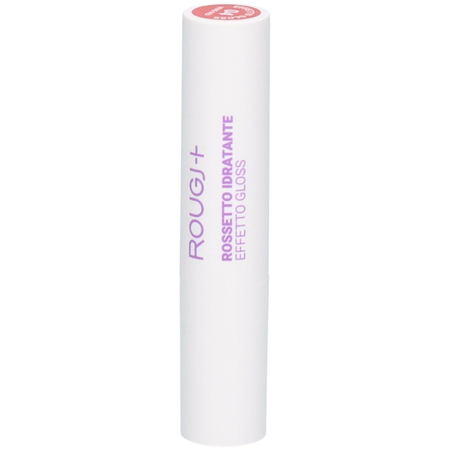 Witte lippenstift met paarse tekst 'ROUGJ+ ROSSETTO IDRATANTE EFFETTO GLOSS'.