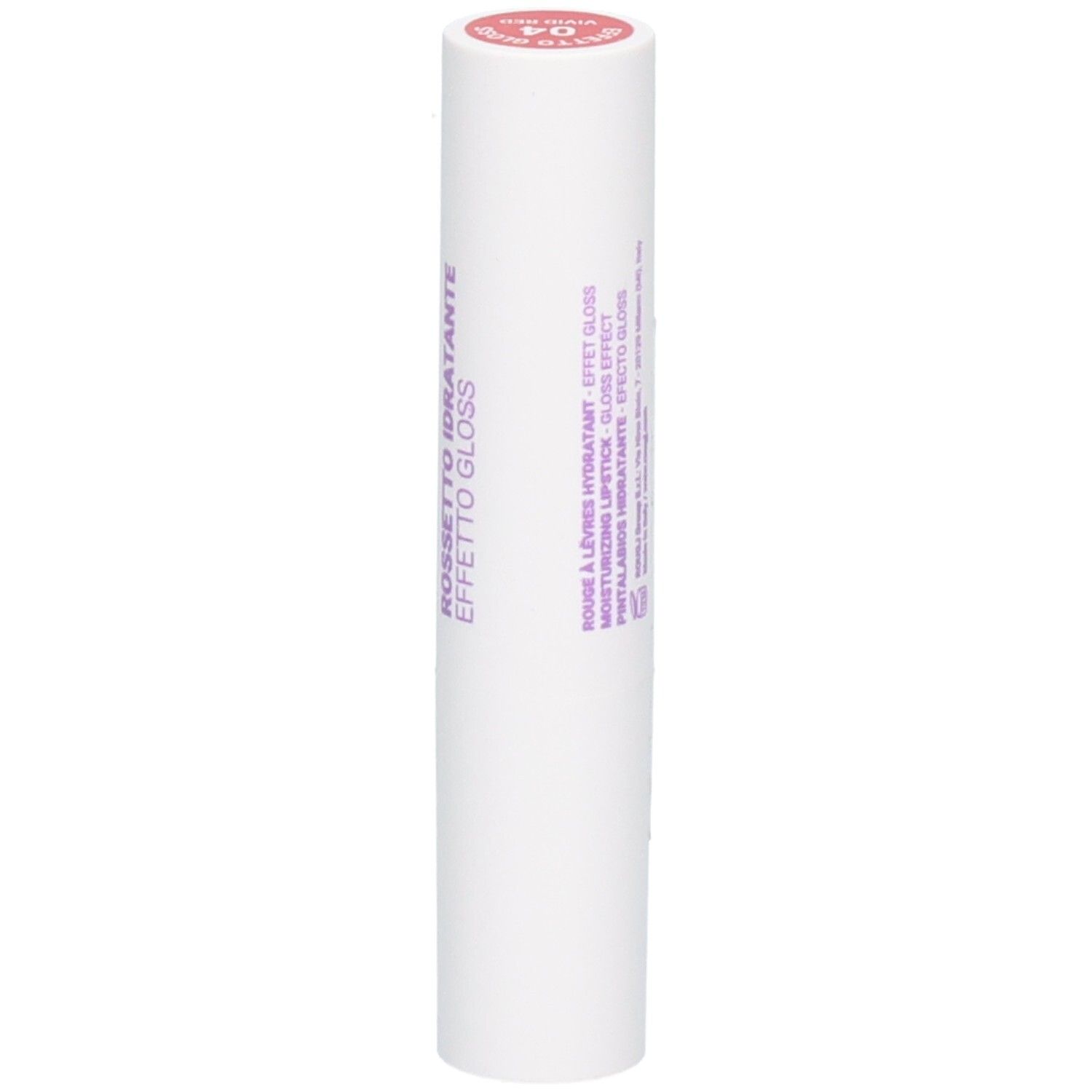 Witte lippenstift met roze dop, opschrift 'Effetto Gloss'.