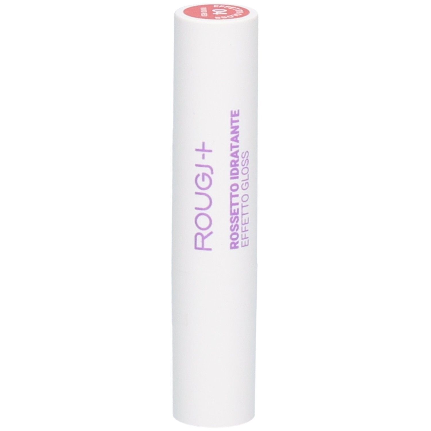 Witte lippenstift met paarse tekst 'ROUGJ+' en Italiaanse aanduiding 'ROSSETTO IDRATANTE EFFETTO GLOSS'.