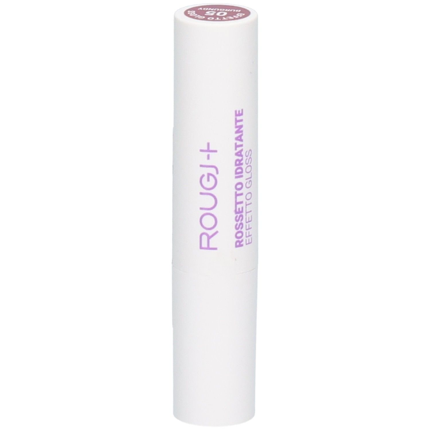 Witte lippenstiftstift met paarse opdruk 'ROUGJ+' en 'ROSSETTO IDRATANTE EFFETTO GLOSS'. Bovenkant met '05' en 'BLEU'.