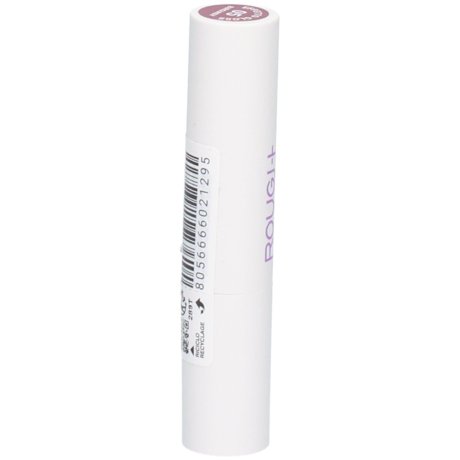 Witte lippenstift met paarse opdruk 'ROUGH' en nummer 15 op de dop.