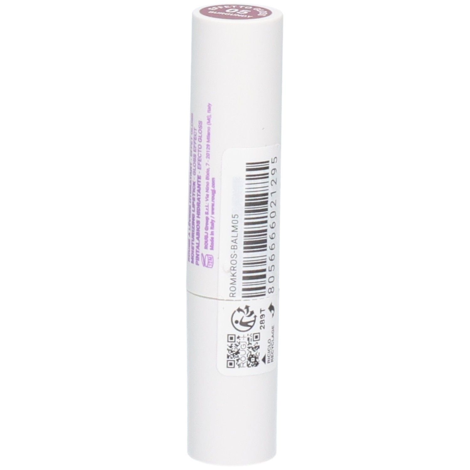 Witte lippenbalsem met paarse dop en etiket met barcode en productinformatie.