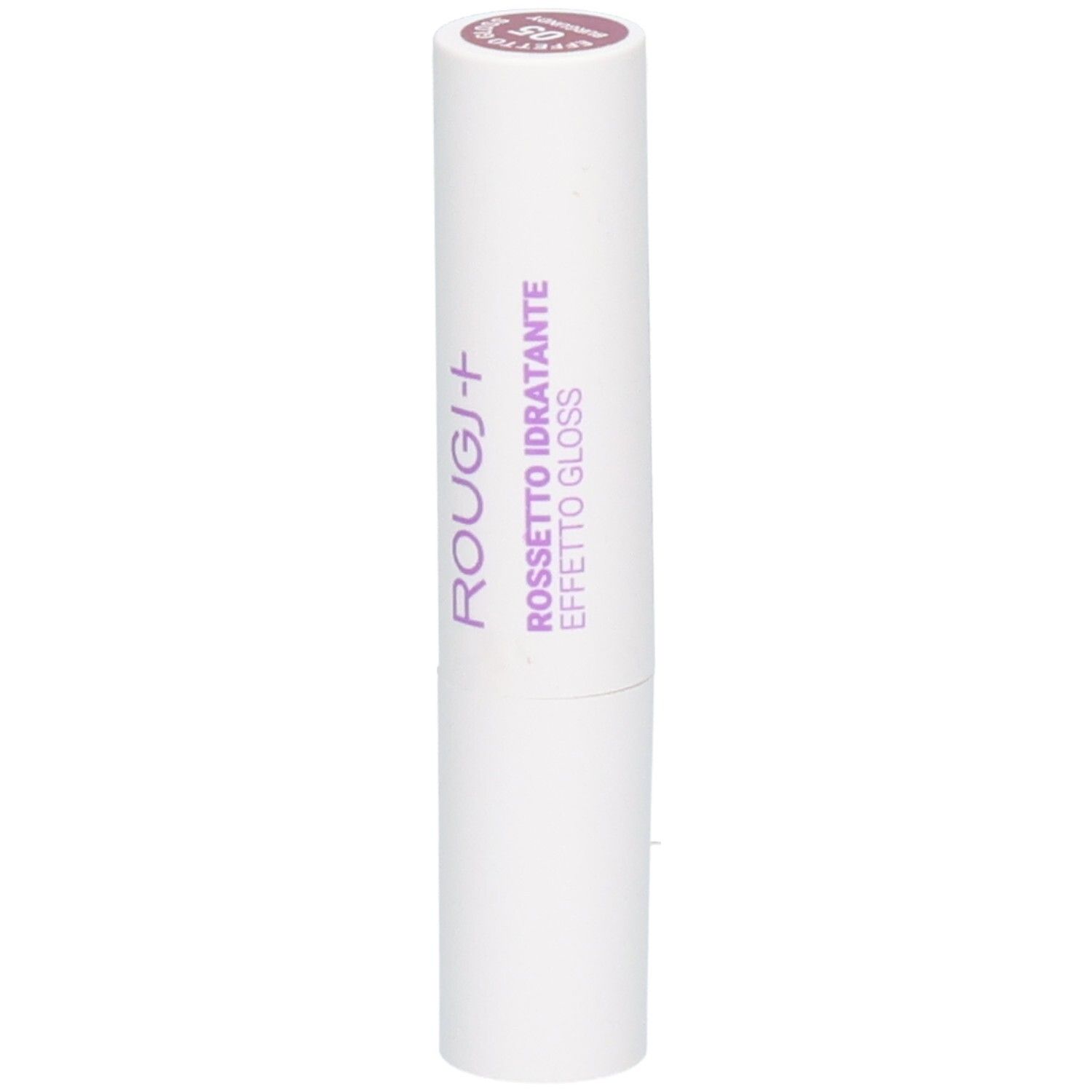 Witte lippenstift met paarse tekst ROUGE+ en ROSSETTO IDRATANTE EFFETTO GLOSS.
