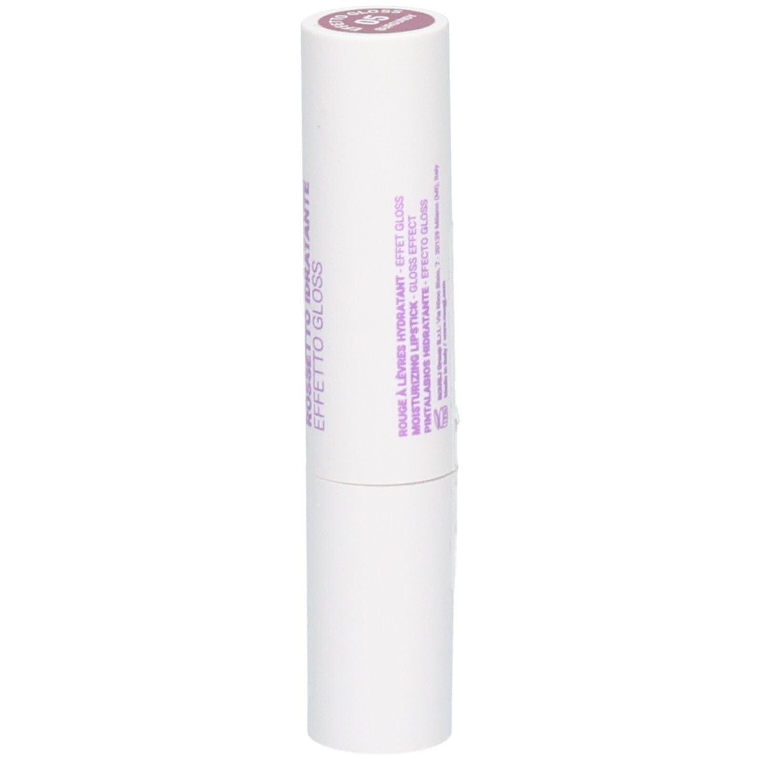 Witte lippenstift met roze opdruk. Hydraterende lippenstift met gloss-effect.