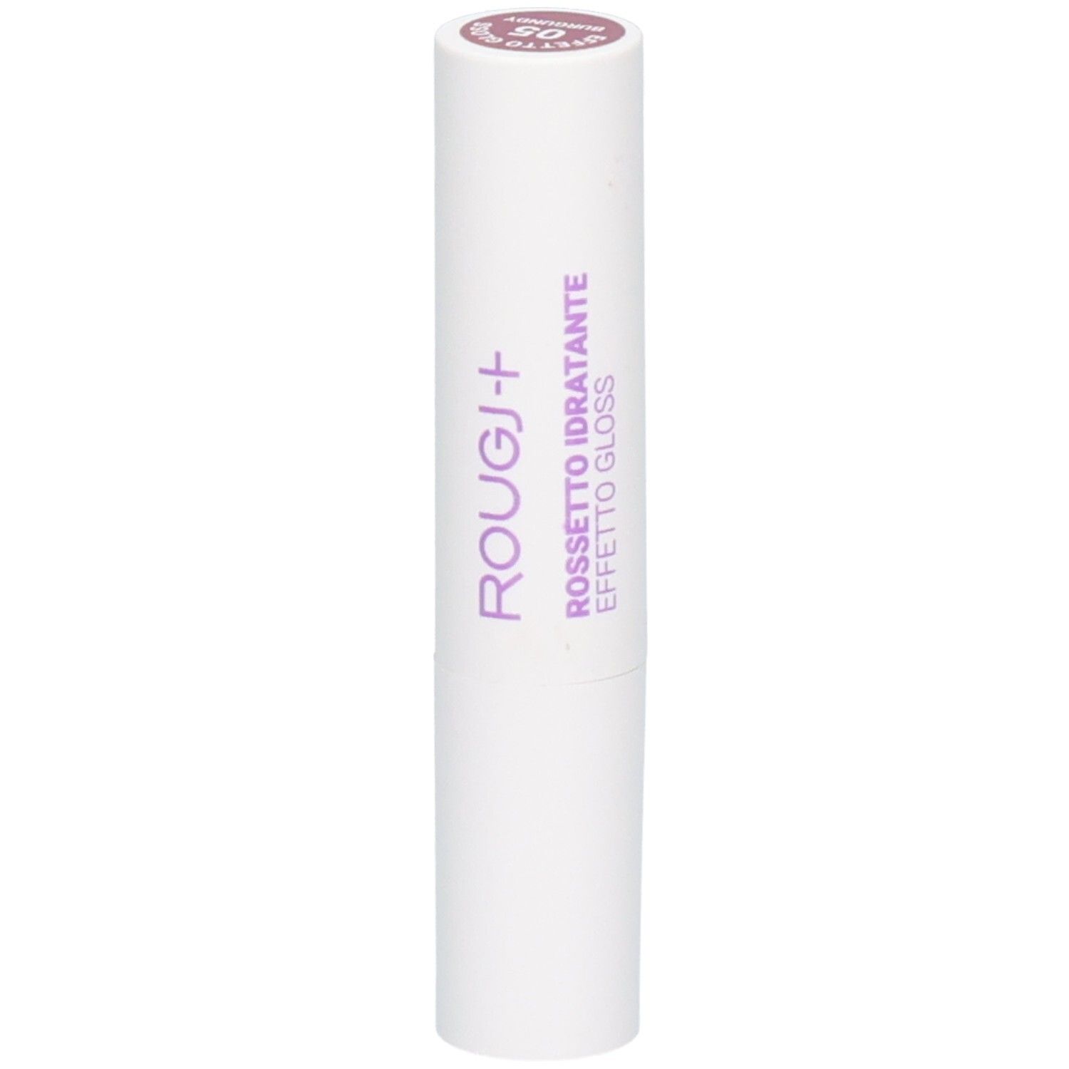 Witte lippenstift met paarse tekst "ROUGJ+", "ROSSETTO IDRATANTE EFFETTO GLOSS". Nummer 05 op de dop.