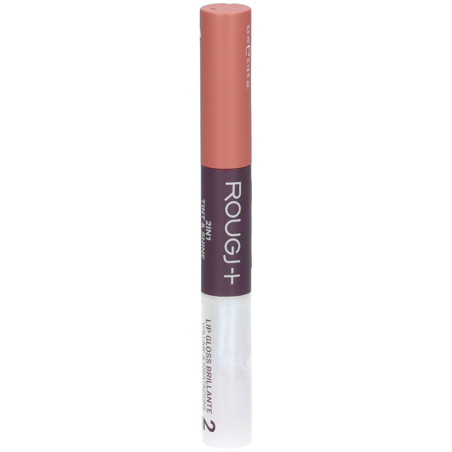 Rougj+ Rouge à lèvres 2en1 et Brillant. Une extrémité avec rouge à lèvres mat, l'autre avec un brillant transparent.