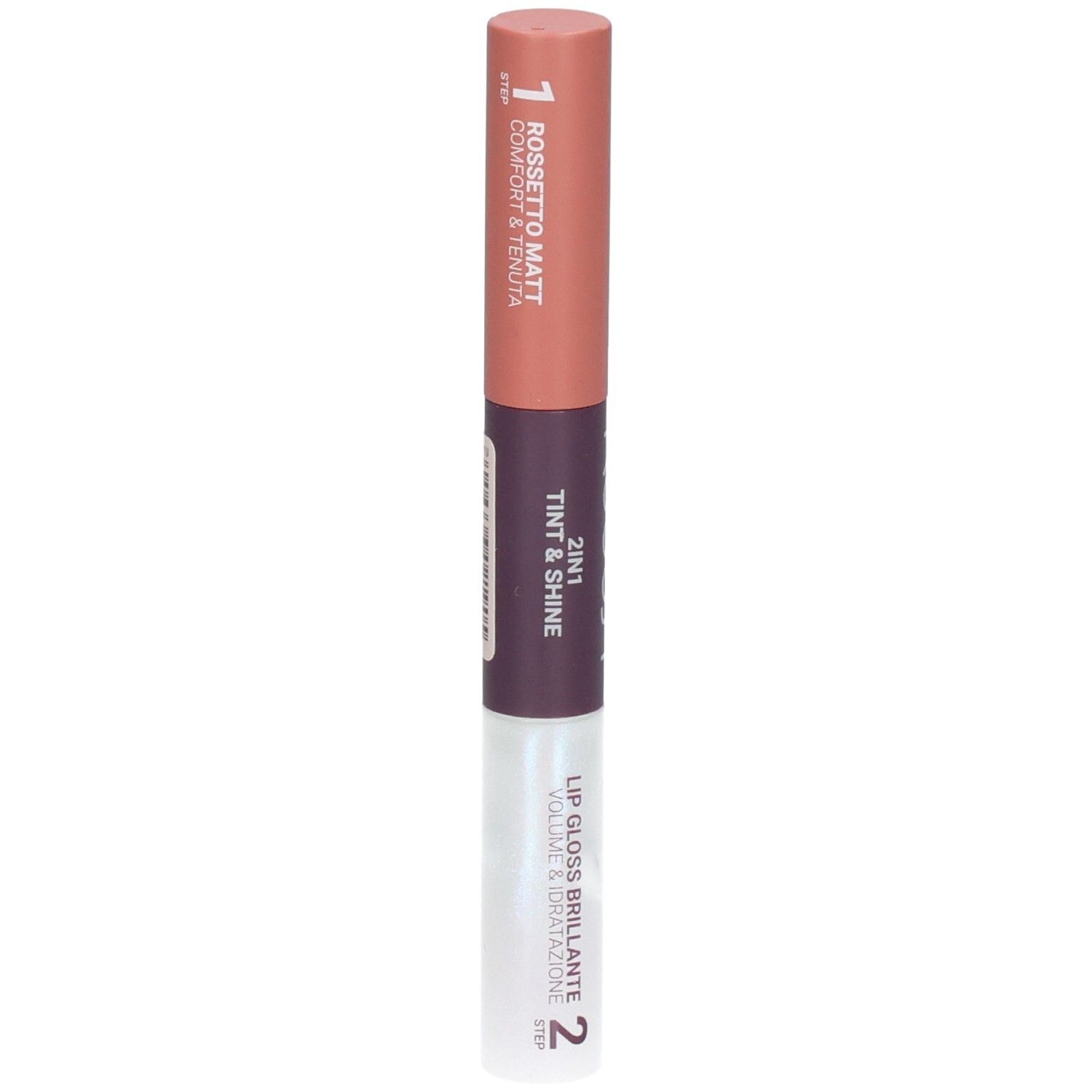 Produit lèvres deux-en-un : rouge à lèvres mat et gloss brillant.