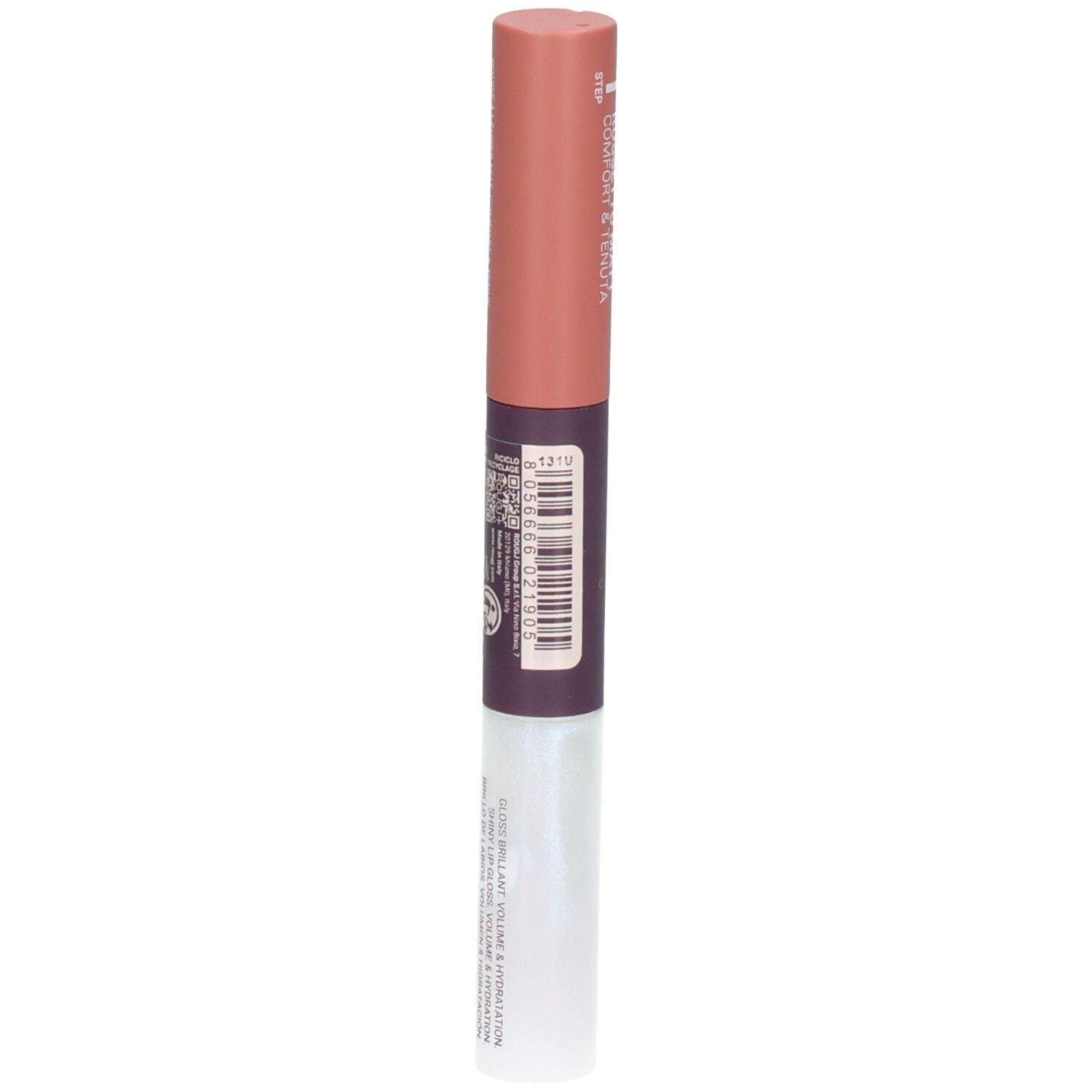 Produit pour les lèvres à double chambre avec partie supérieure mate pêche et partie inférieure brillante transparente. Comprend un code-barres et du texte.