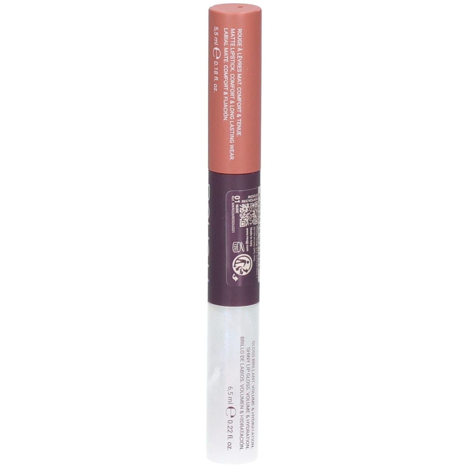 Produit lèvres double chambre : rouge à lèvres mat et gloss brillant. 5,5 ml rouge à lèvres, 6,5 ml gloss.