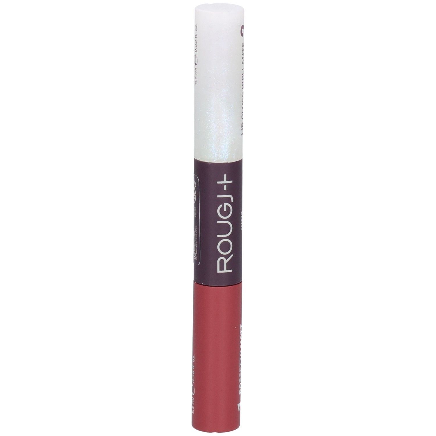 Rouge à lèvres Rougj+ rose mat avec applicateur blanc et bande violette.