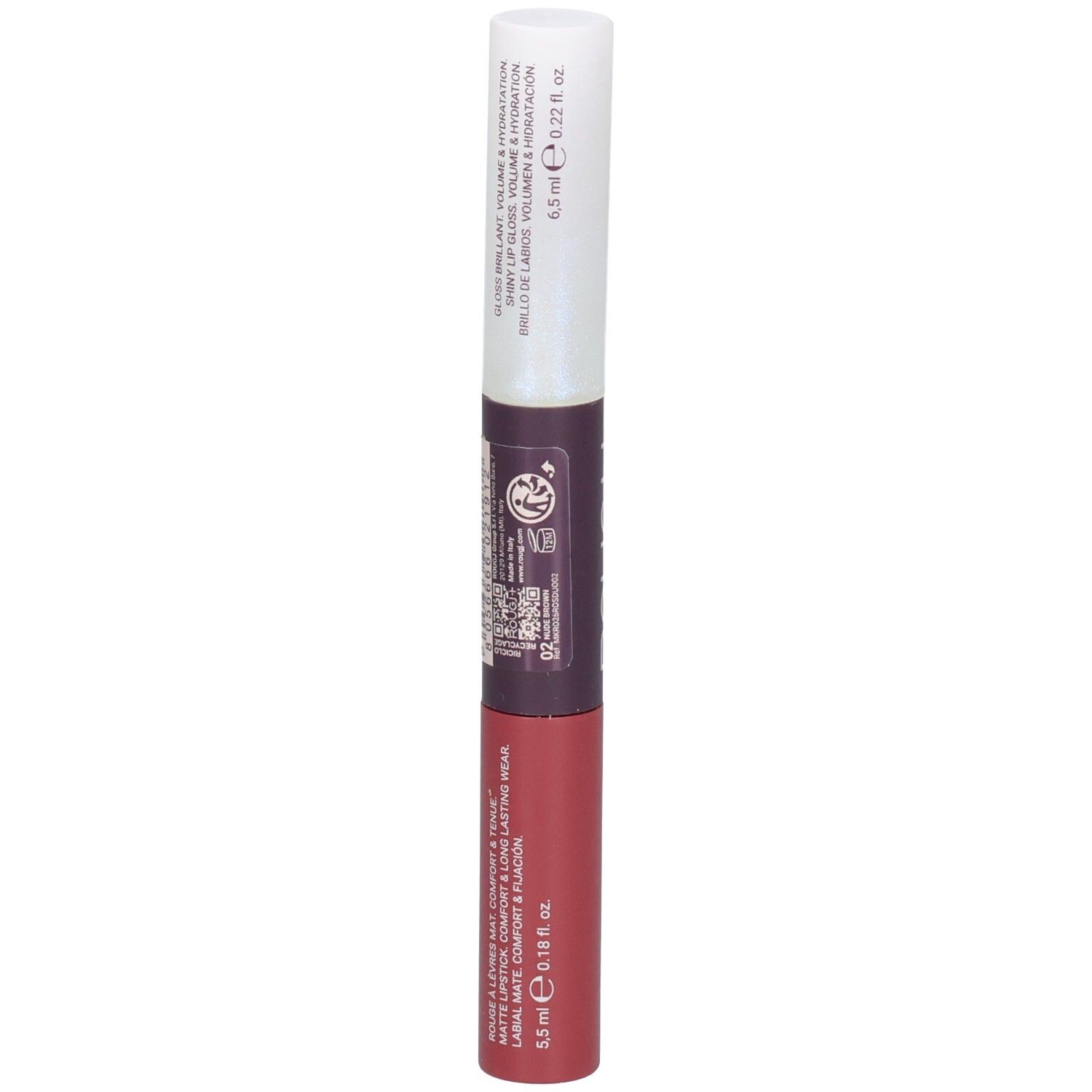 Rouge à lèvres double face : finition brillante (6,5 ml) et finition mate (5,5 ml).