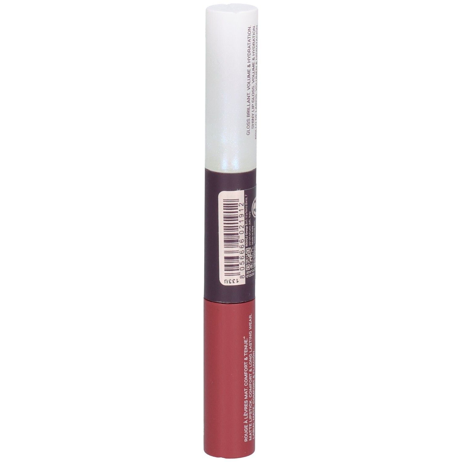 Rouge à lèvres mat couleur rose avec applicateur blanc et étiquette noire.