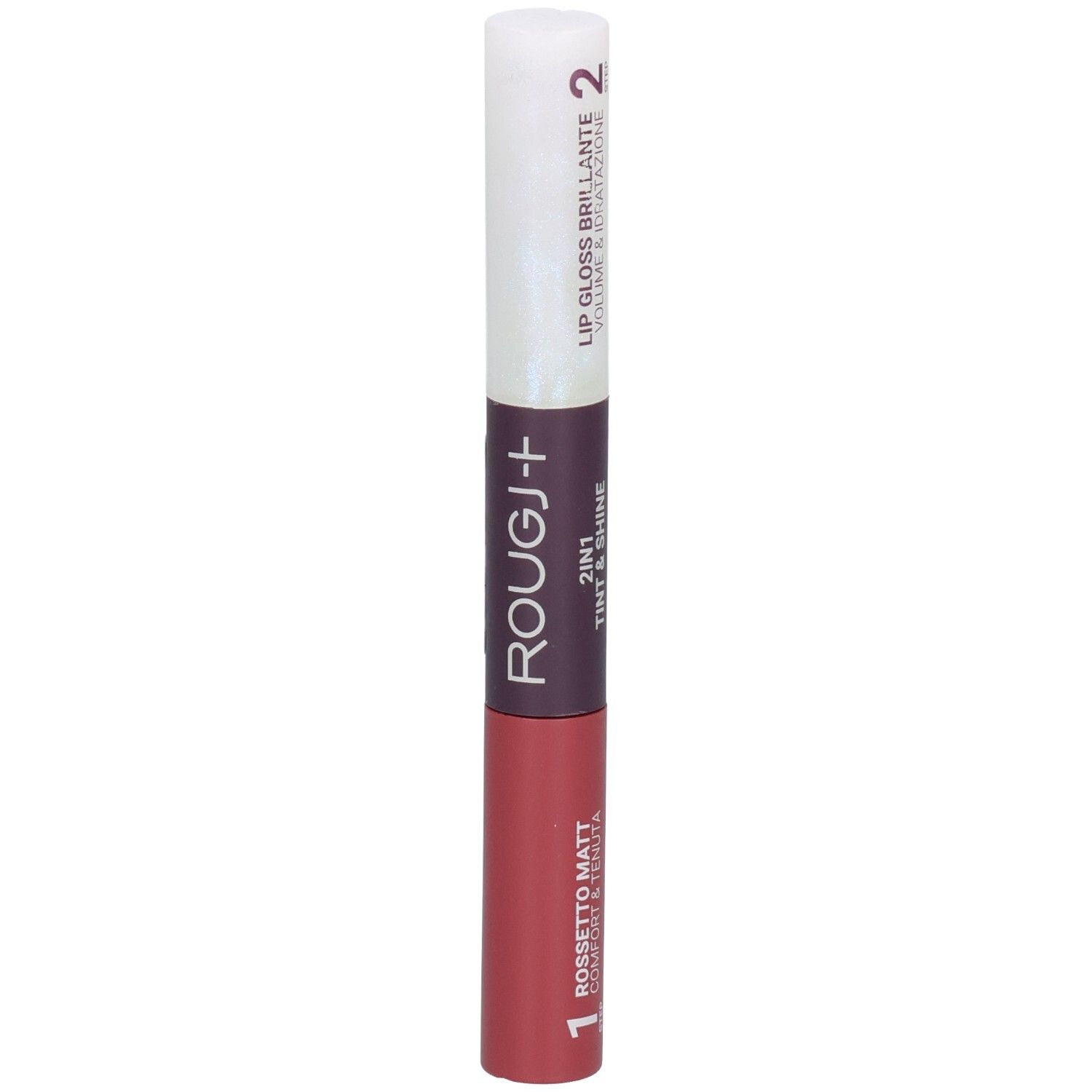 Rouge à lèvres et brillant à lèvres Rougj+ 2-en-1 en rouge et blanc.