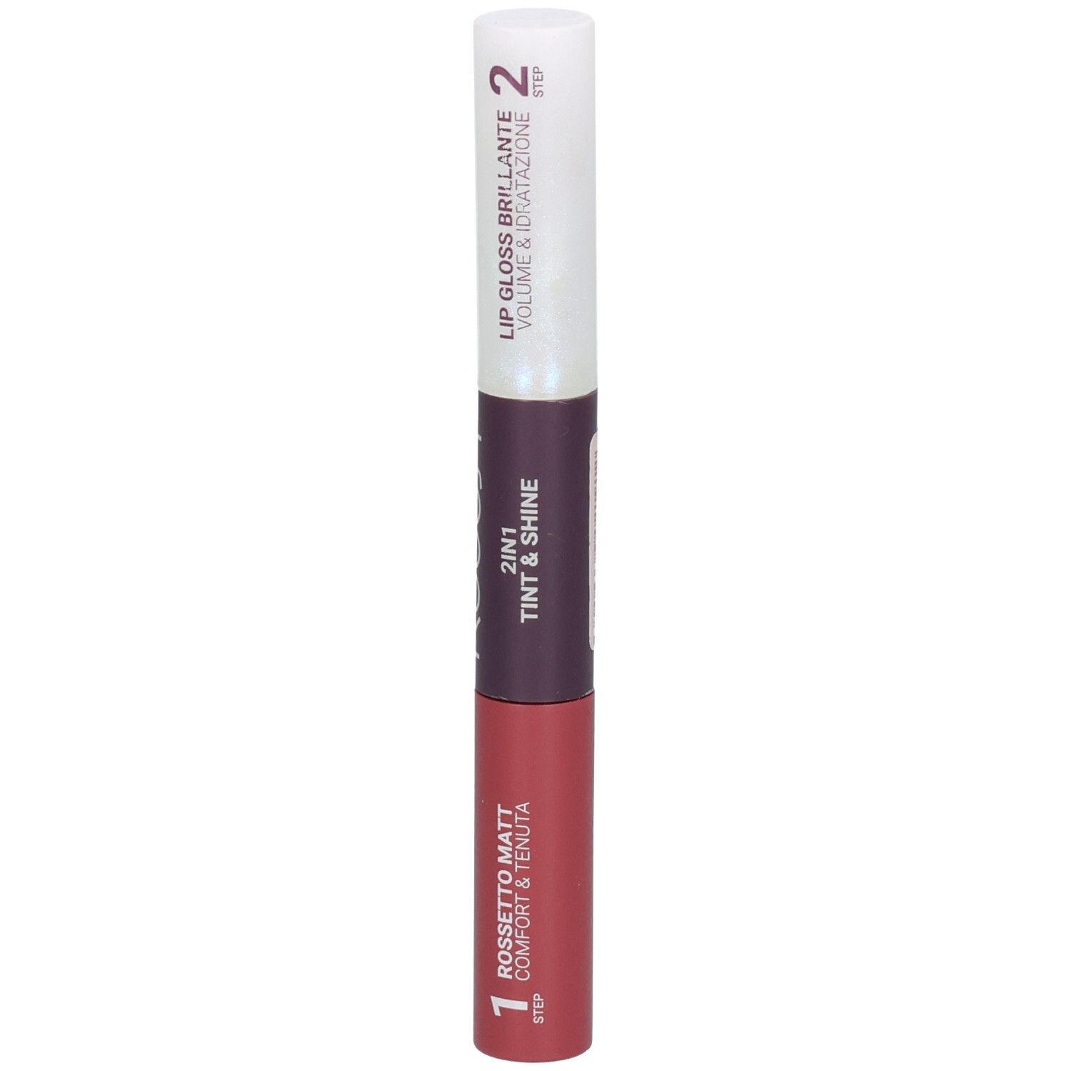 Produit à lèvres en deux étapes : Rouge à lèvres mat (1) et brillant à lèvres (2).