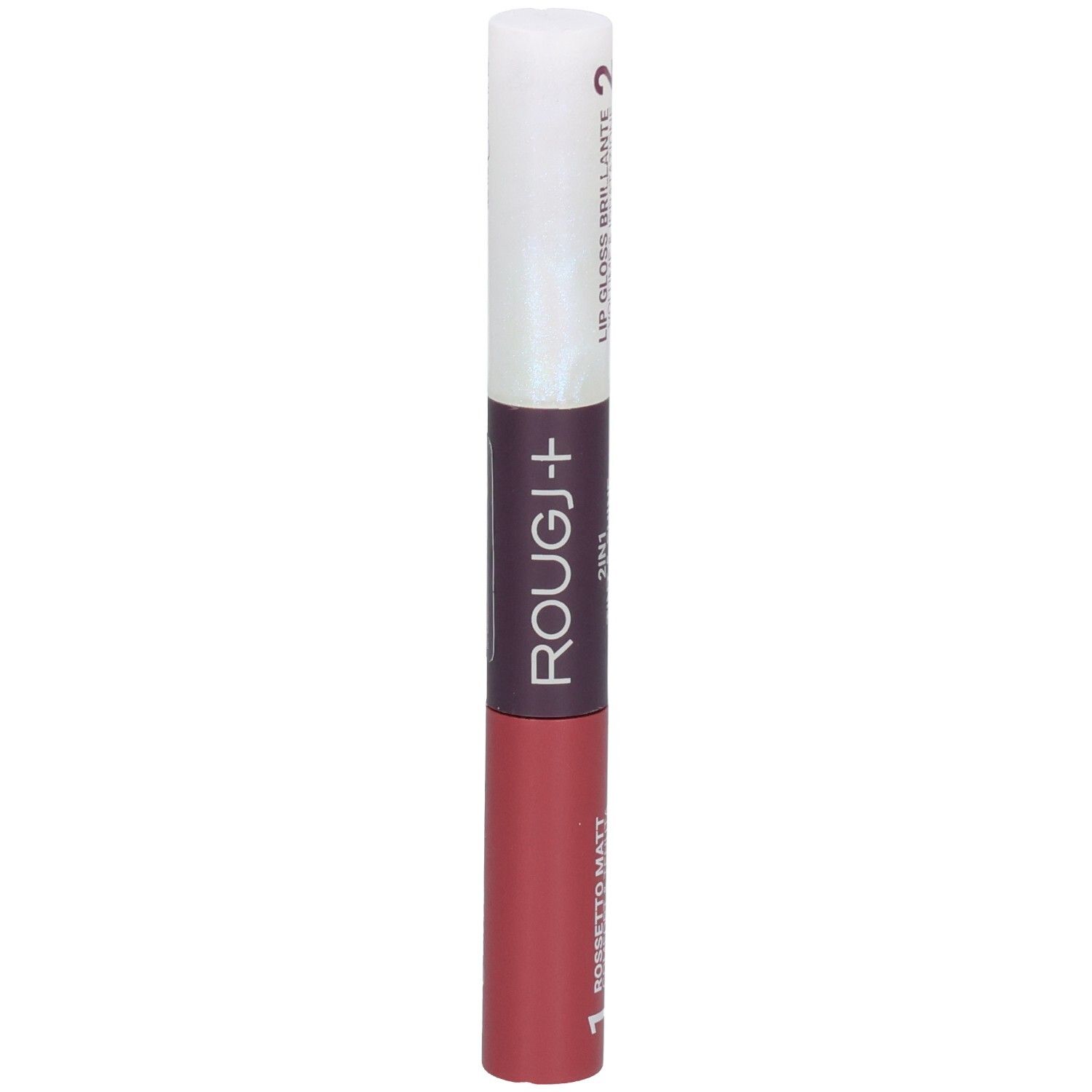 Rougj+ Rouge à lèvres et gloss 2-en-1, finition mate et brillante.
