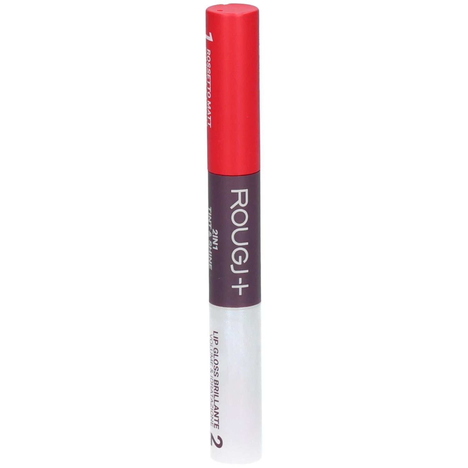 Rougj+ 2-in-1 lippenstift en lipgloss. Rode en transparante verpakking.