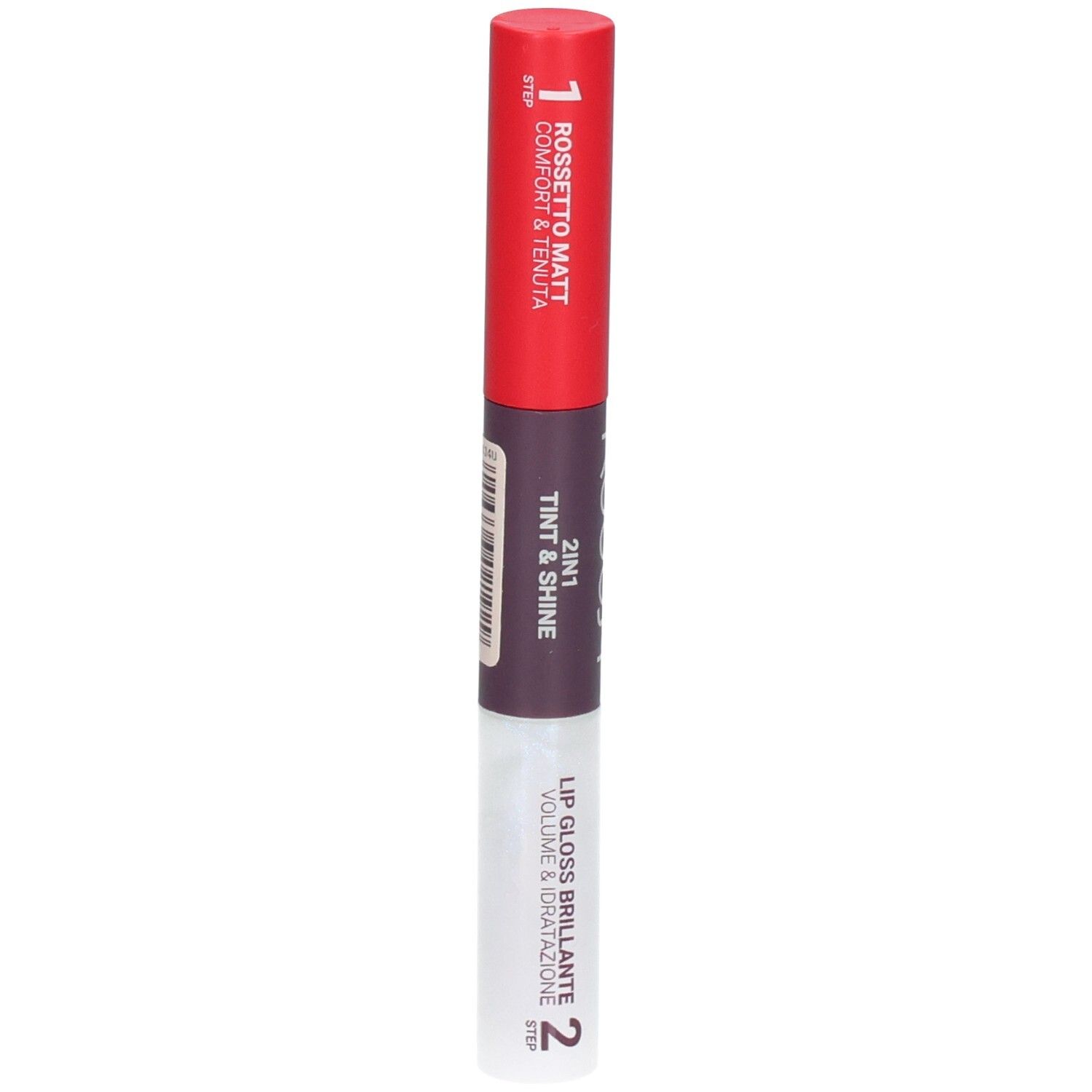 Twee-in-één lippenproduct: Matte lipstick en glanzende lipgloss in één stift.