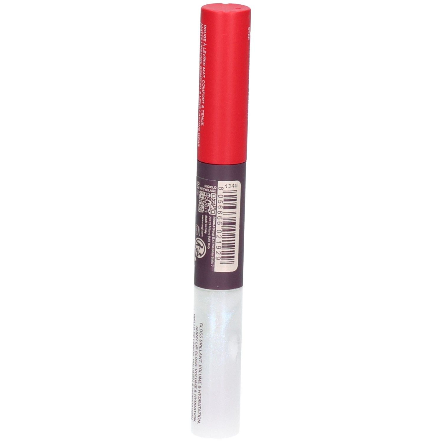 Een lippenstift met rode dop en heldere glans.