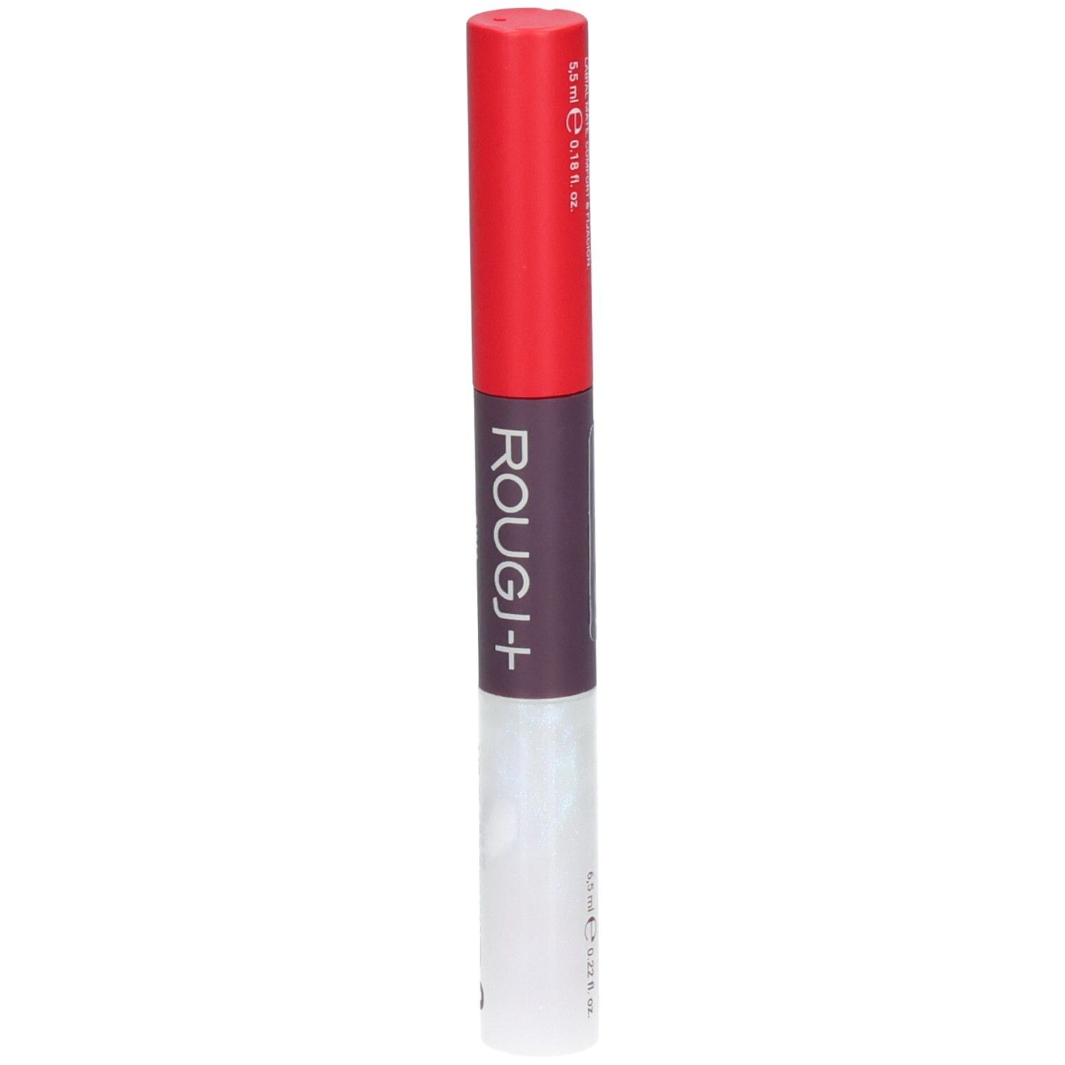 Rougj+- Lippenstift met rode dop en paars/wit lichaam. 6,5 ml.