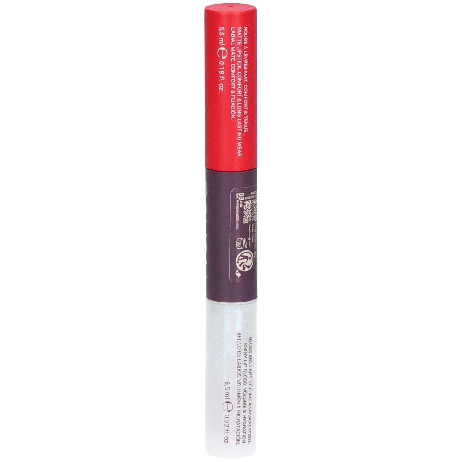 Dubbelzijdige lippenstift met mat effect en glanzende topcoat. Rode dop, paars en transparant omhulsel.