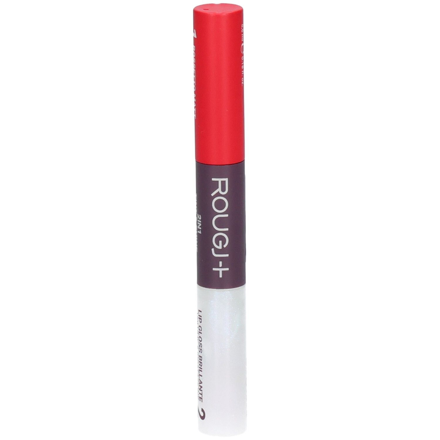Rougj+ 3in1 lippenstift met rode dop en paars/wit lichaam.