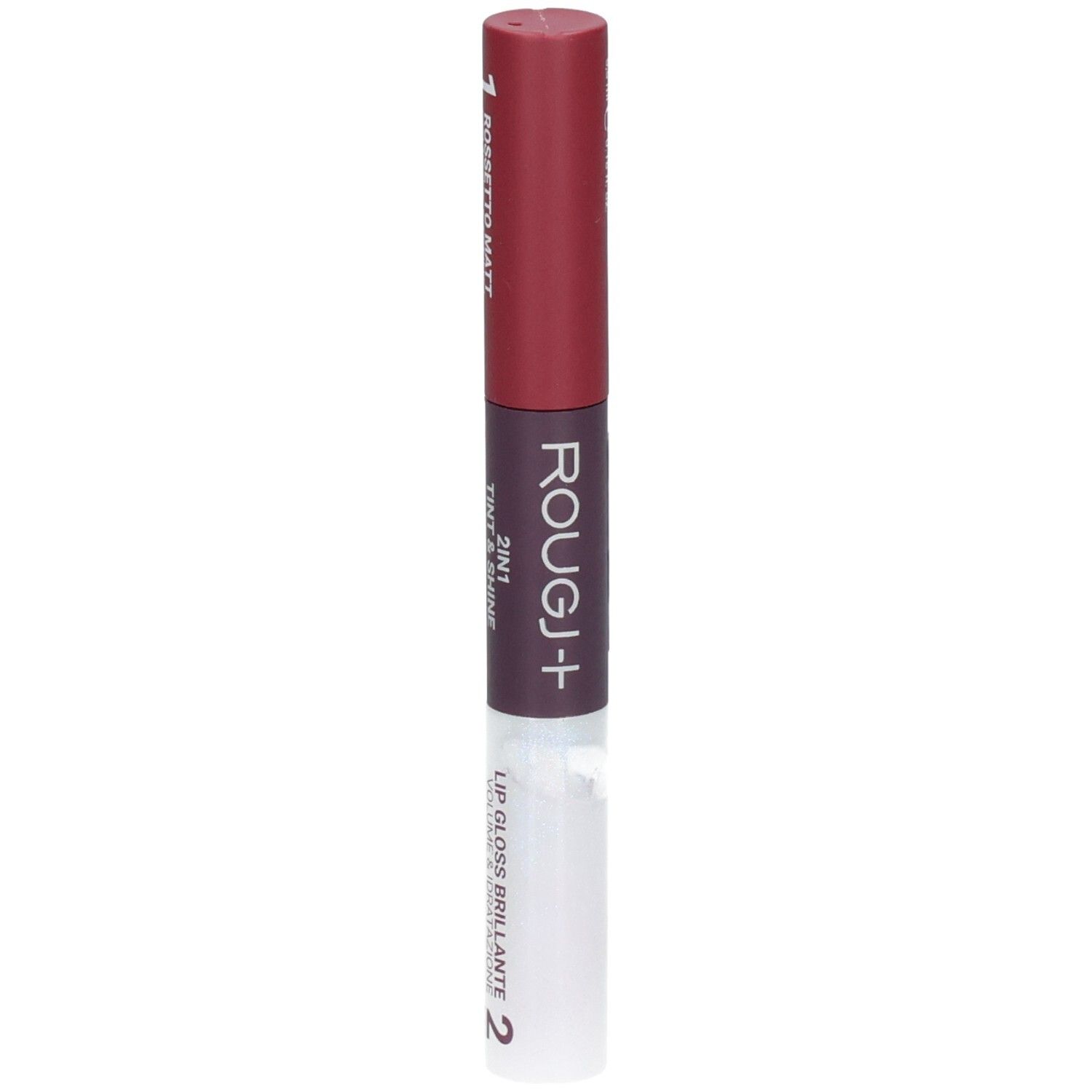 Rouge-J+ 2in1 Matte Lippenstift en Glanzende Lipgloss. Donkerrode lipstick en transparante gloss.