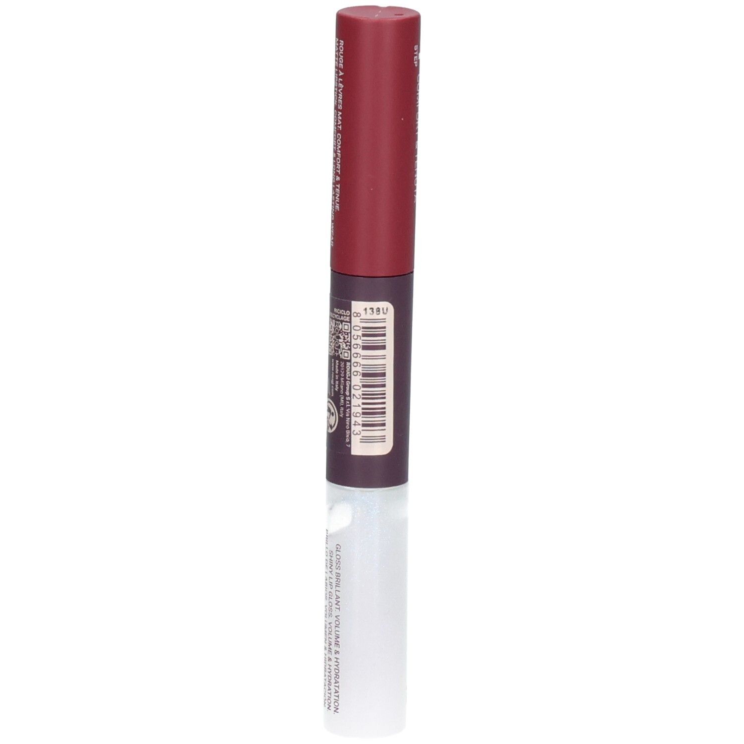 Een lippenstift met een donkerrode schacht en een transparant onderstuk. Bevat een barcode en tekst.