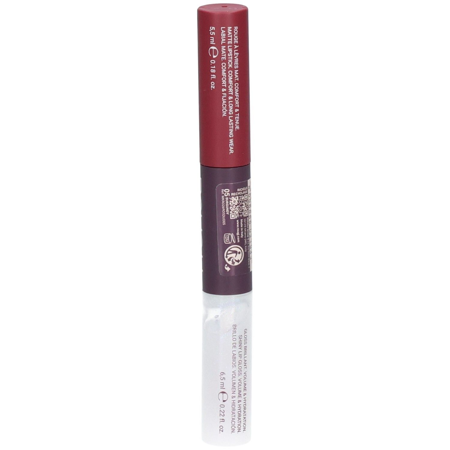 Dubbelzijdige lippenstift met mat effect en glanzende applicator. 5,5 ml mat, 6,5 ml glans.