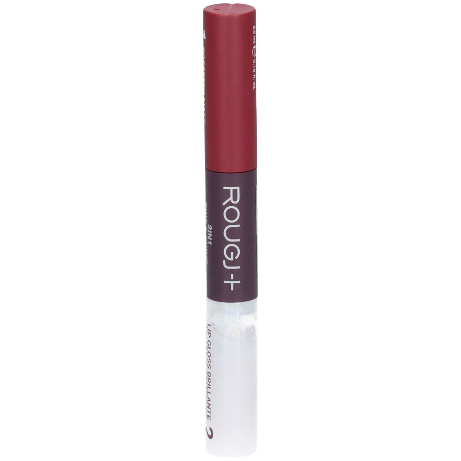 Rougj+ 2in1 lippenstift en gloss in een bordeauxrode huls.
